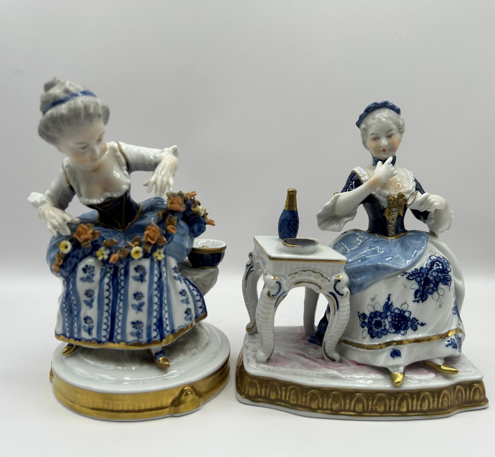 2 Unterweissbach German Dresden Porcelain Figurines Lady with Flowers & Tea Set