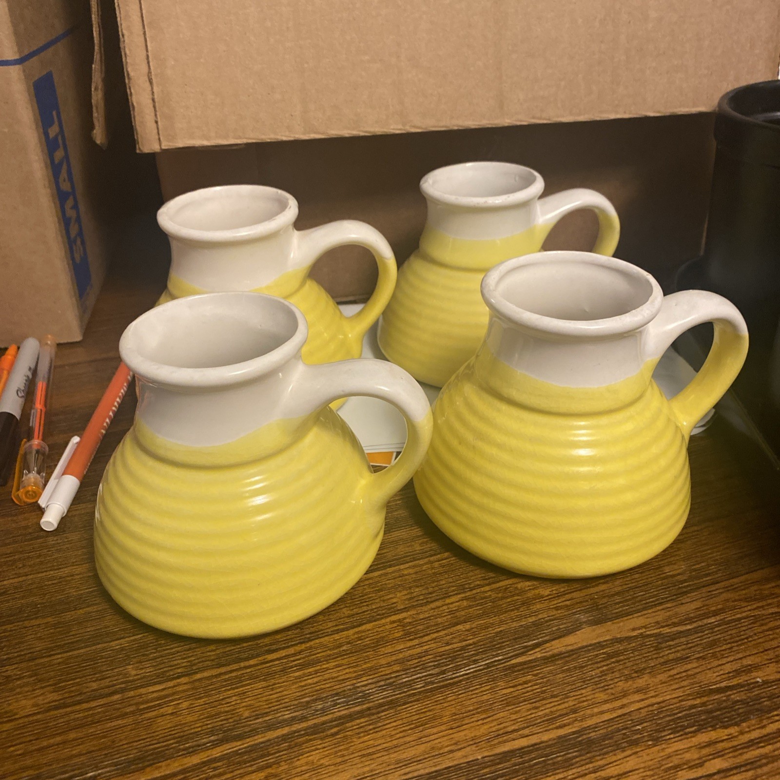 Vintage 1970s Beehive No Spill Pottery Mug Wide Bottom Volcano Travel Cup Yellow Vintage 1970s Beehive No Spill Pottery Mug Wide Bottom Volcano Travel Cup Yellow
