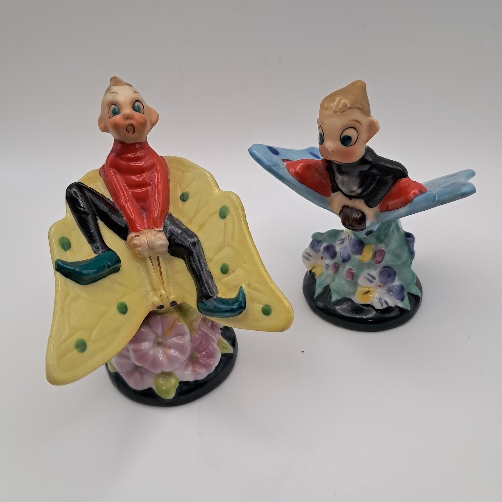 Kitschy Anthropomorphic Big Eyed Elf Pixie Riding Butterfly Figurines Japan Vtg