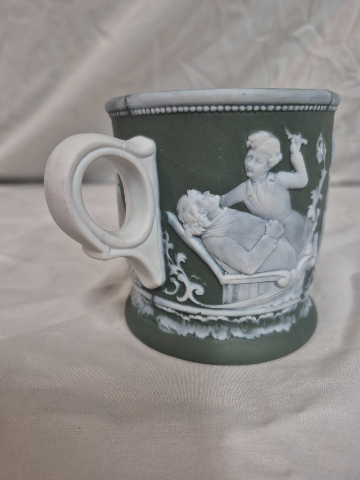 Vintage Schafer Vater Jasperware shaving mug with barber scenes *RARE FIND*