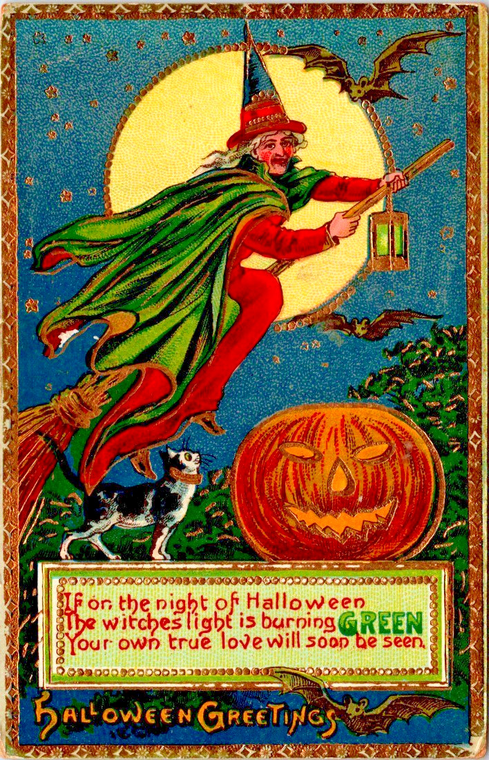 Antique Halloween Postcard Witch Broomstick Light Burning Green JOL Gel  c1910