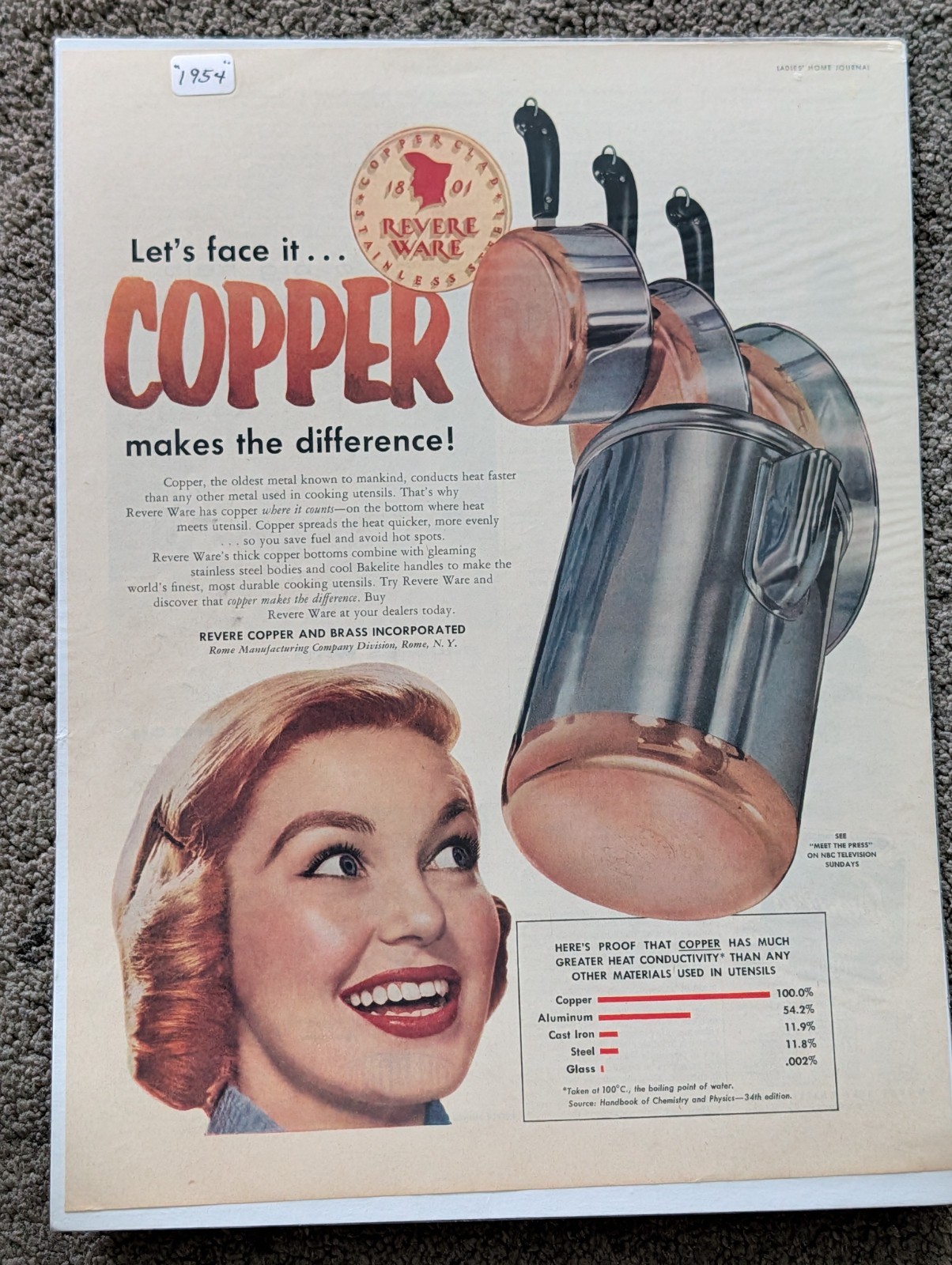 Revere Ware Vintage Print Ad 1954 Copper Makes the Difference