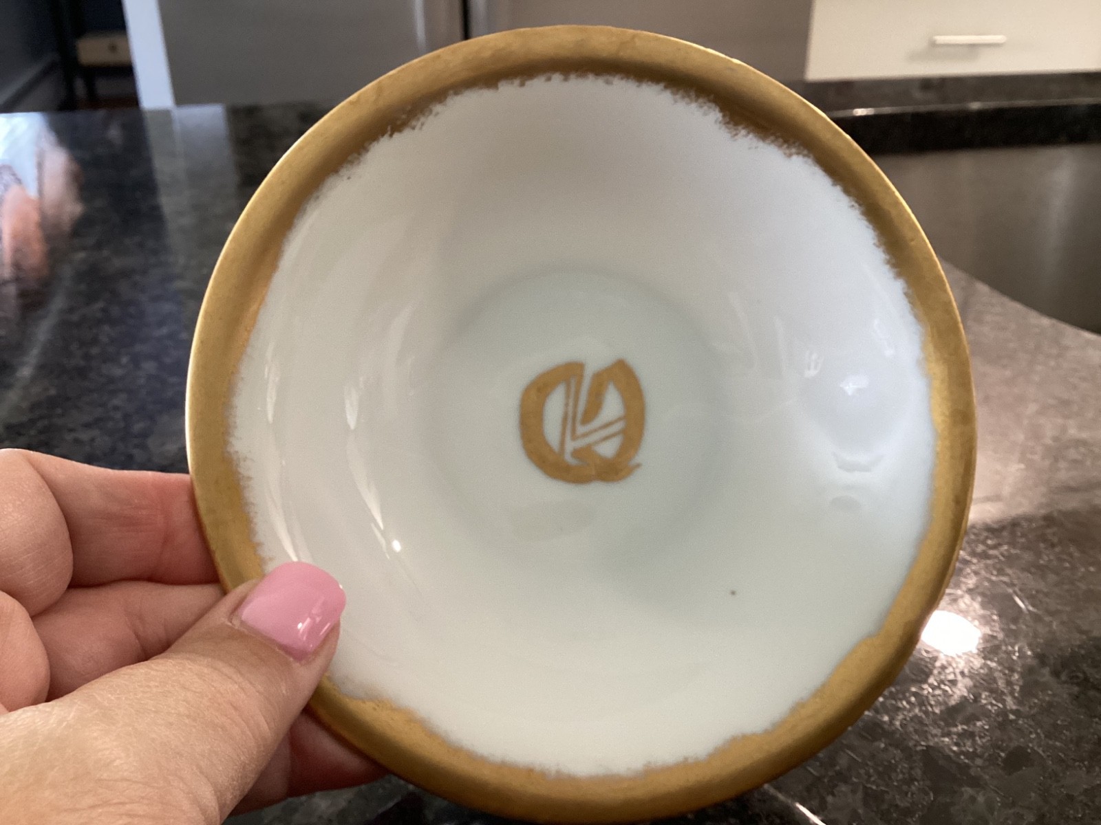 antique MZ Altrohlau Porcelain Bowl Gold Trim Letter Q Czechoslovakia