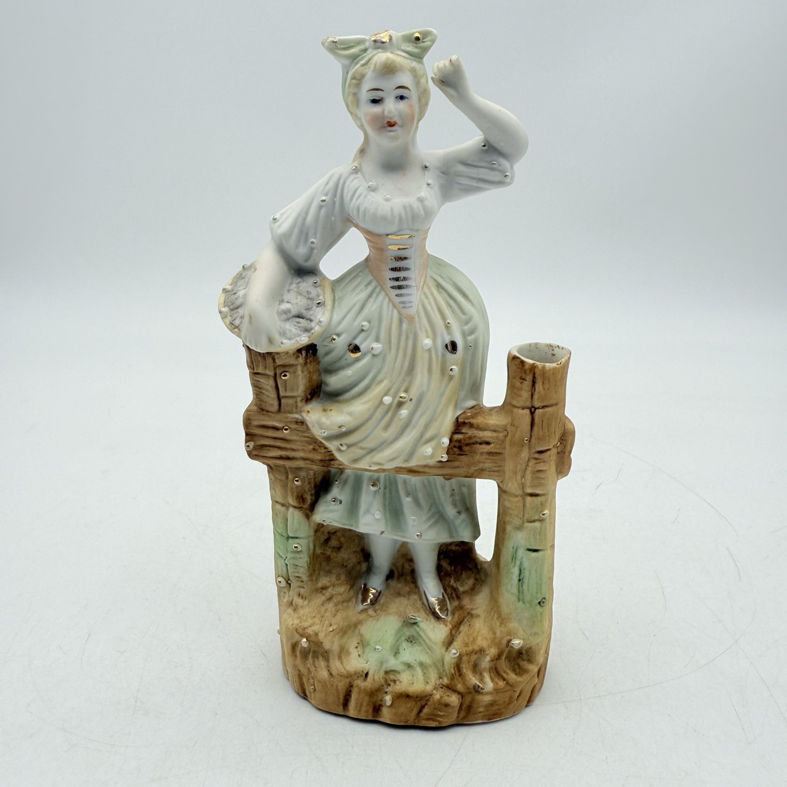 Vtg Peasant Girl Figurine On Fence Hand painted Ceramic Made in Japan