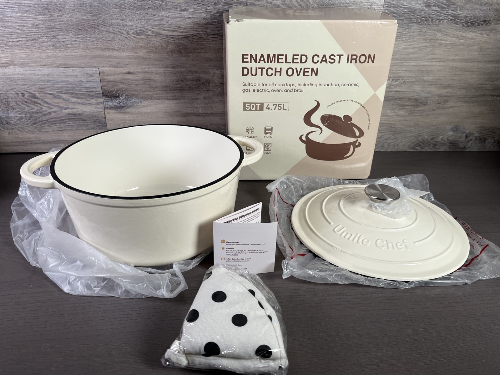Enameled Cast Iron Dutch Oven - Umite Chef 5QT Pot with Lid Cream White
