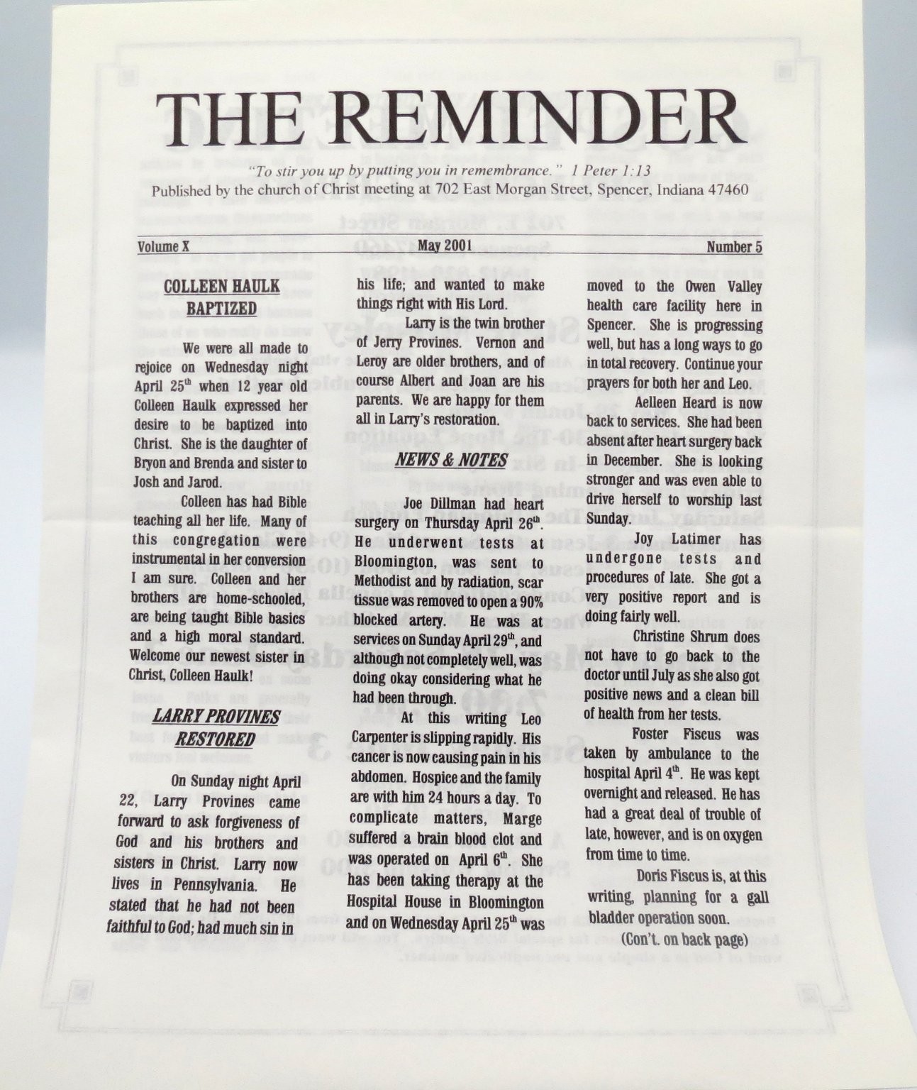 2001 The Reminder Church Newsletter Spencer Indiana Volume X May