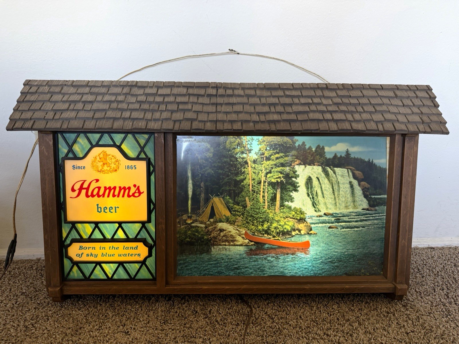 Vintage 1960s Hamm’s Beer Scene-O-Rama Waterfall Canoe Lighted Motion Sign