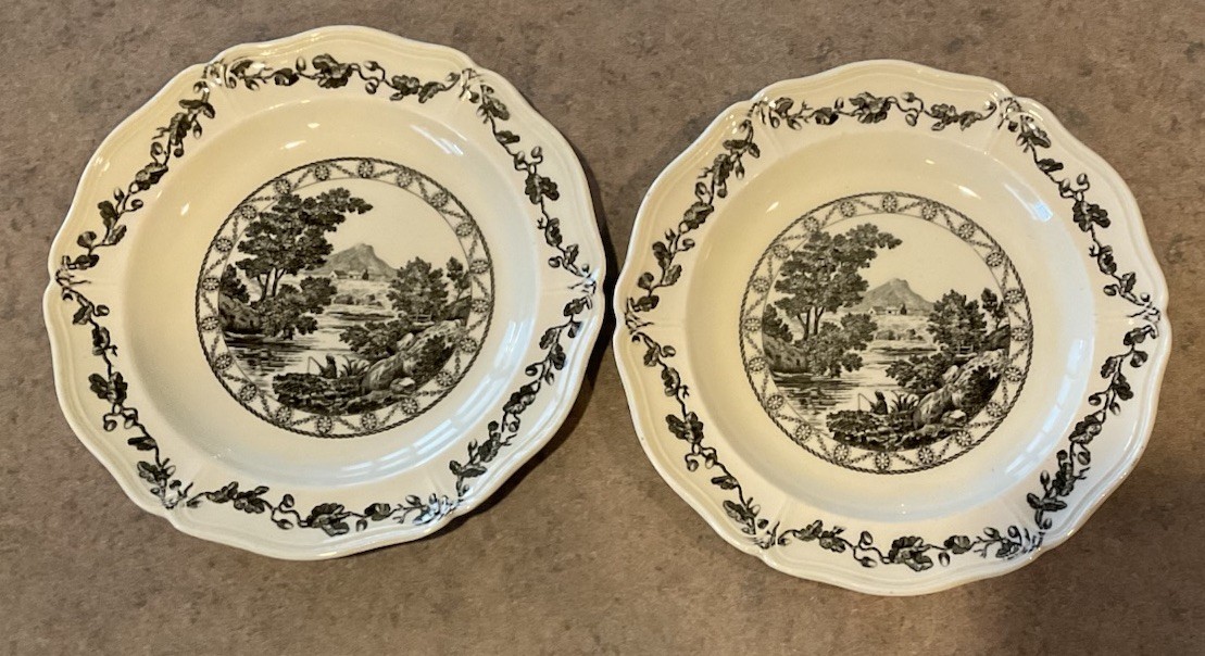 WEDGWOOD :: Atq 6 1/4” BREAD PLATES “Bewick” Black TRANSFERWARE ETRURIA ENGLAND