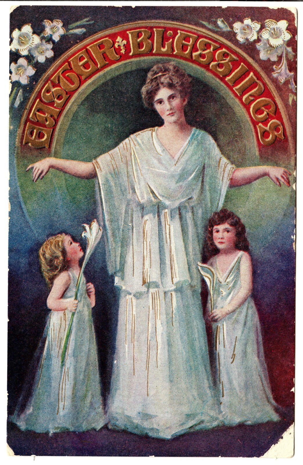 POSTCARD Vintage 1910s EASTER BLESSINGS Pretty Lady with Girls in Matching Gowns