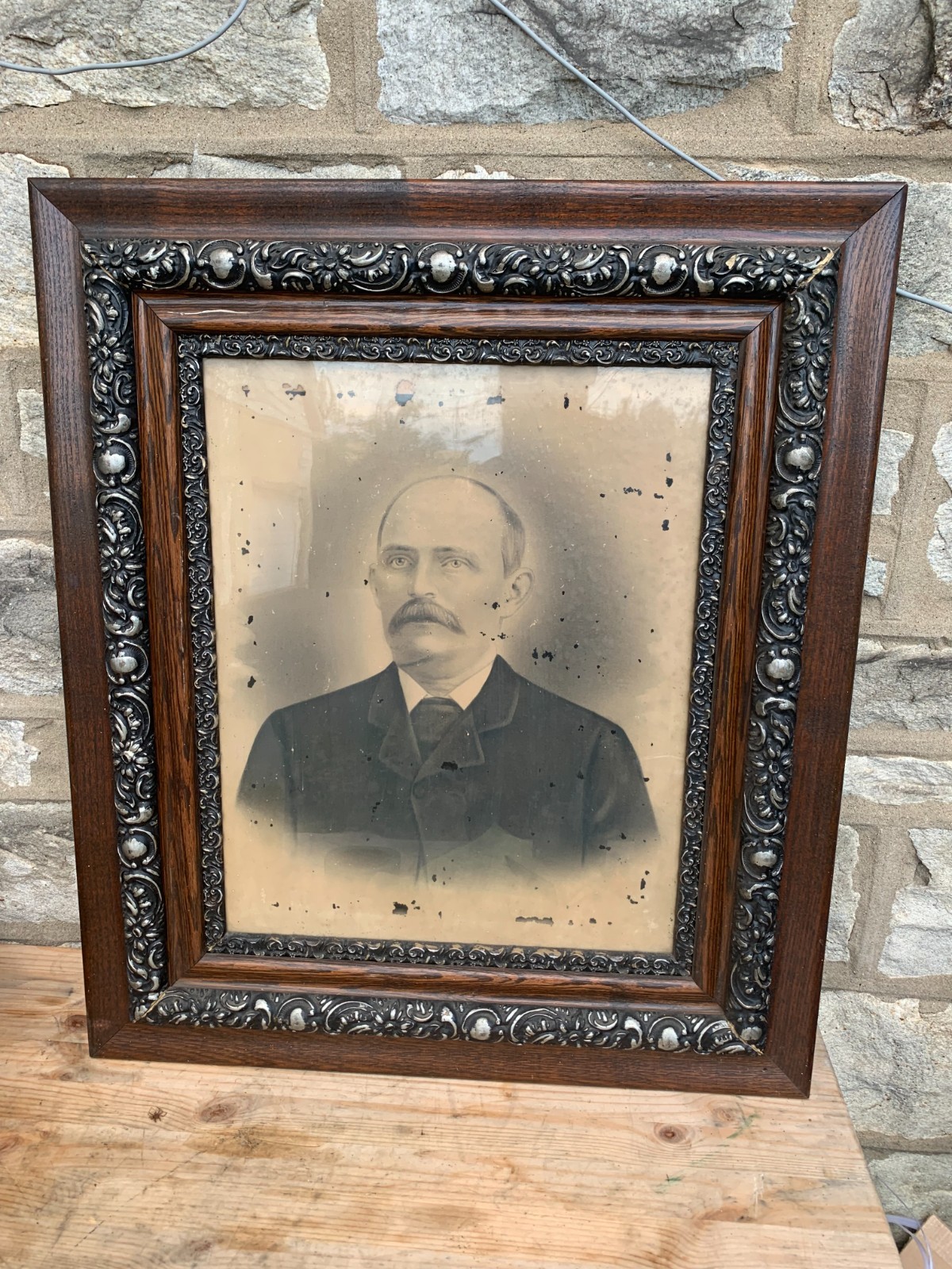 Antique C. 1900 Picture Frame Carved Wood Ornate  Black & White Photograph 26X30