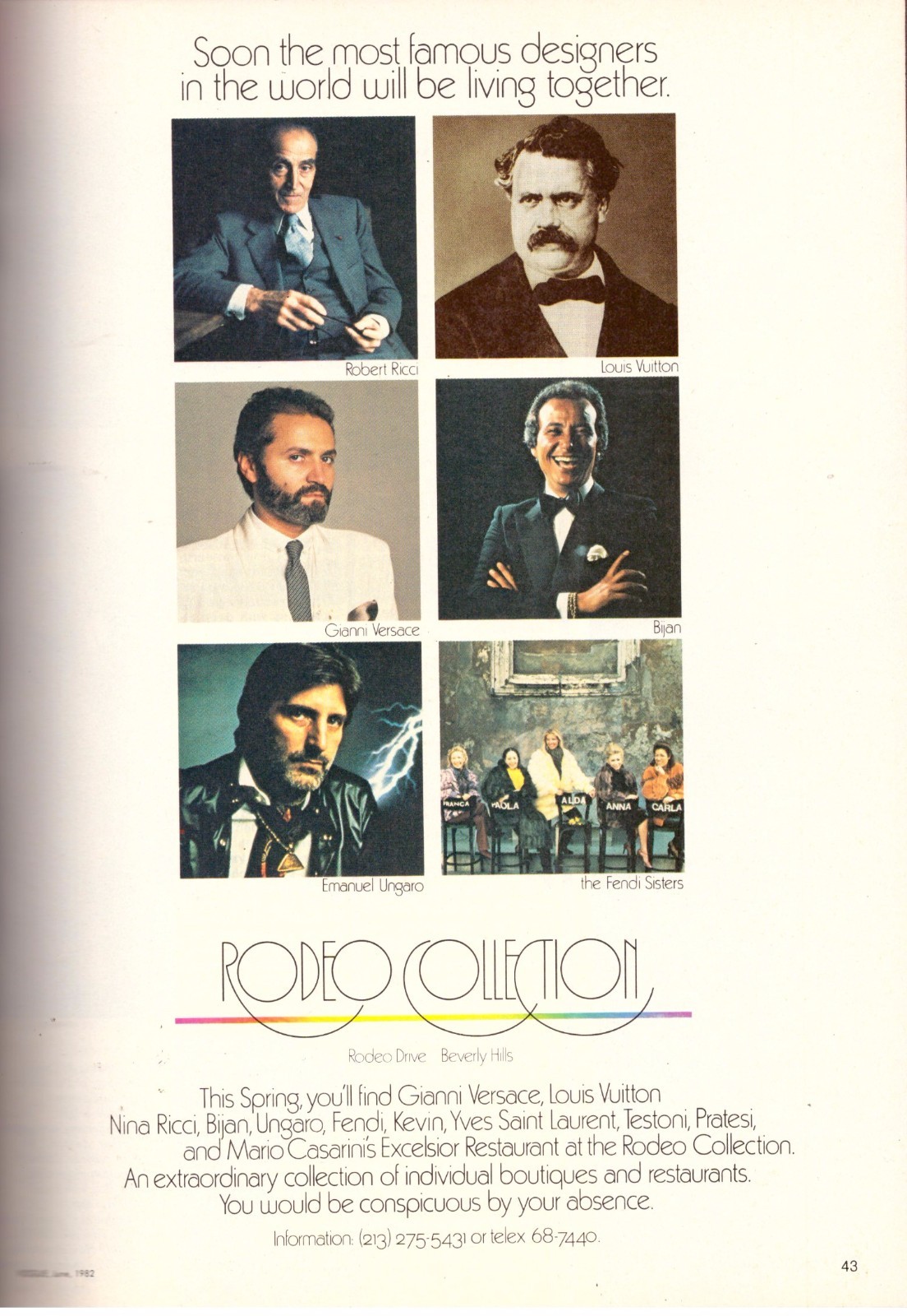 1982 Rodeo Drive Collection Versace Fendi Louis Vuitton Ungaro Vintage Print Ad
