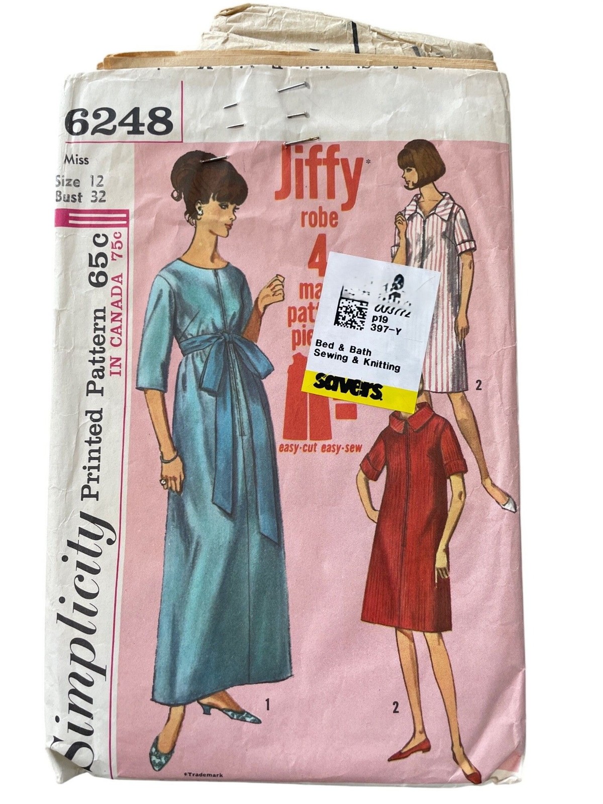 Vintage 60s Simplicity 6248 Sewing Pattern Size 12 Misses Jiffy Robe Retro CUT