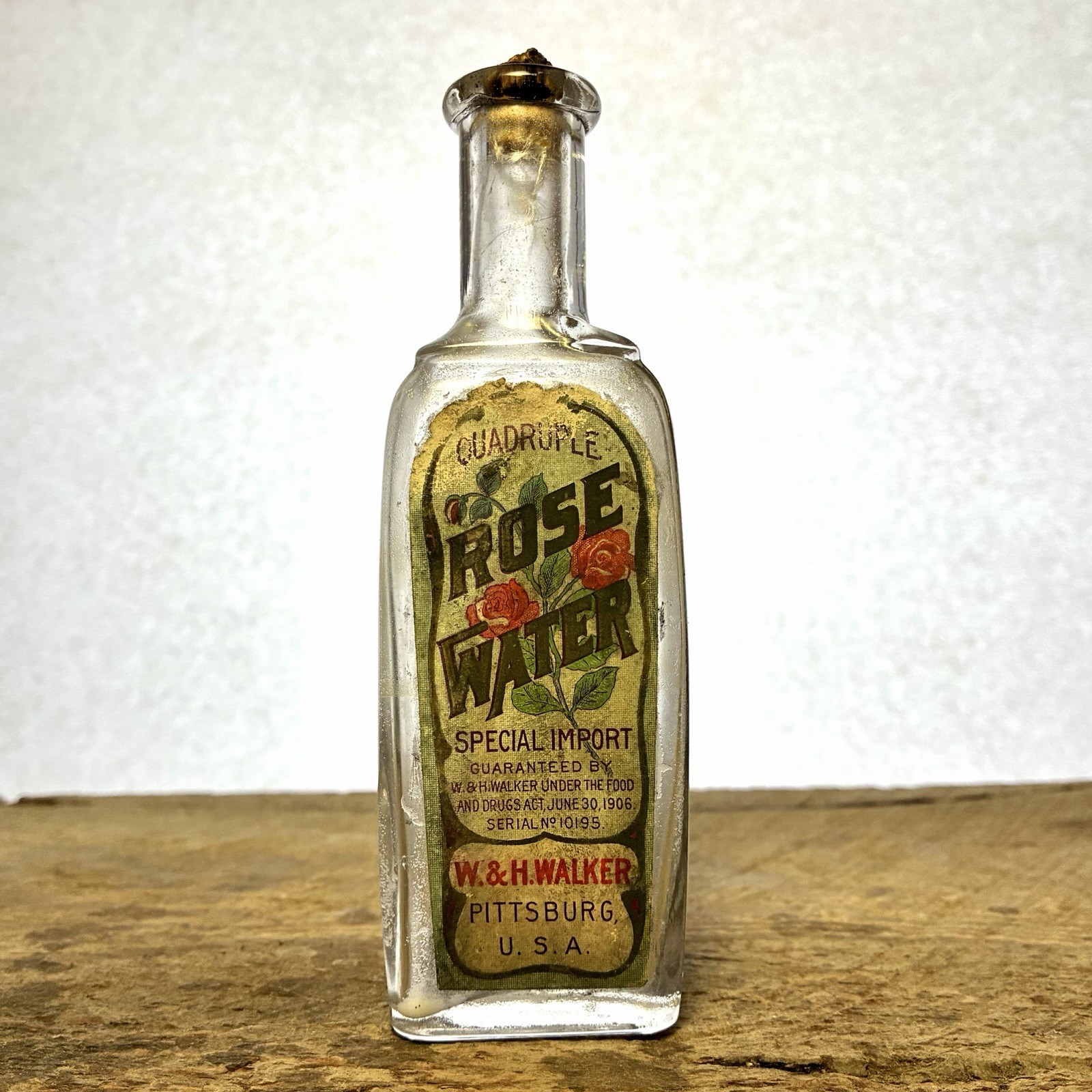 Antique W. & H. Walker Quadrupled Rose Water Bottle W/ Paper Label Pittsburgh PA