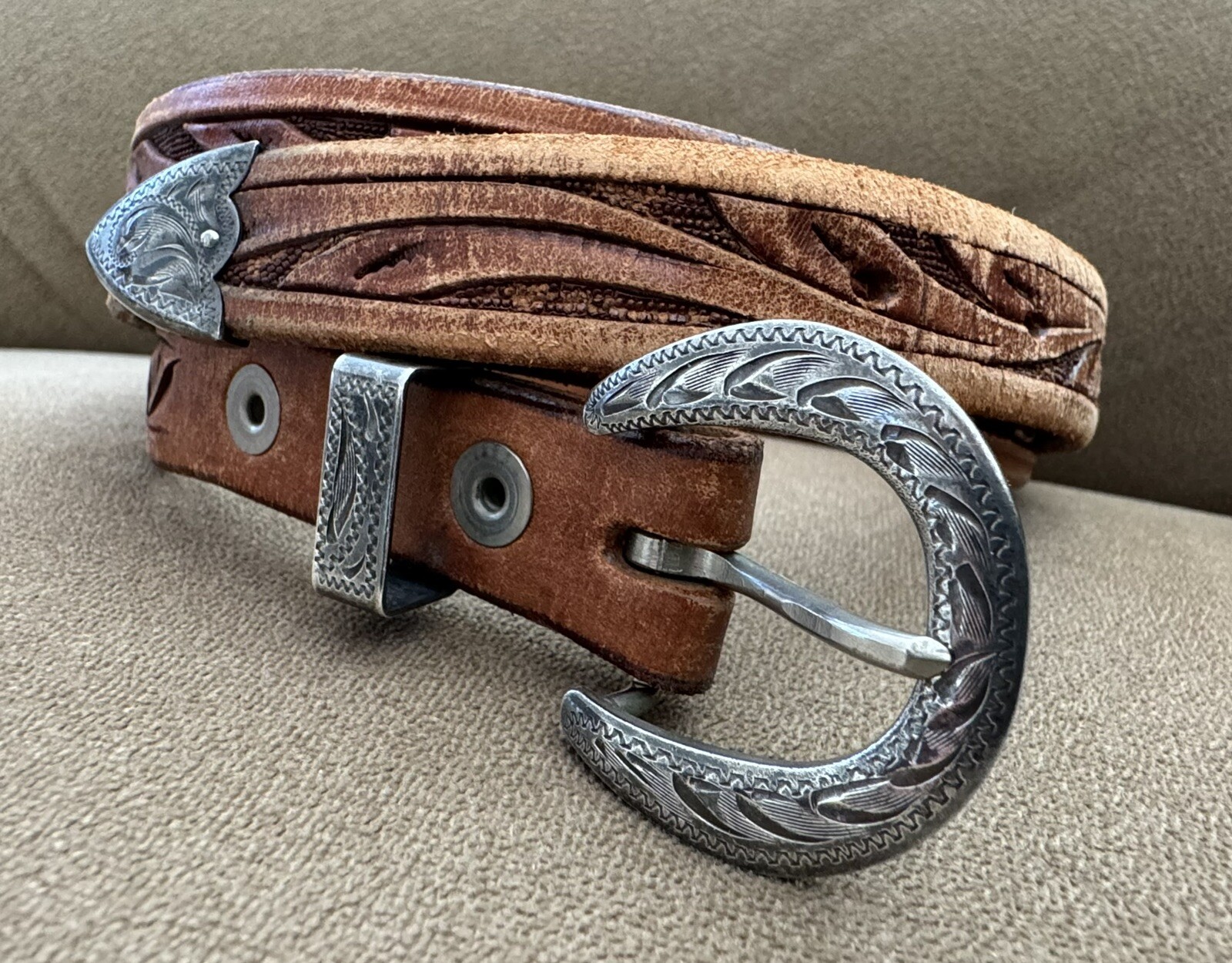 Vintage Old Western Sterling Silver Unbranded Horseshoe 3 Pc Ranger Belt Buckle