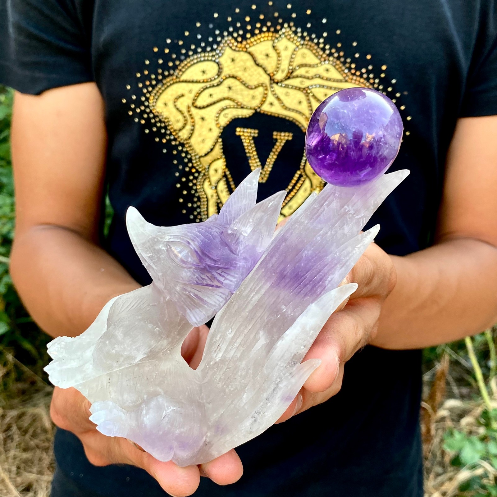 350G  Natural Brazilian Amethyst Hand Carved Nine‑Tailed Fox Crystal Figurine