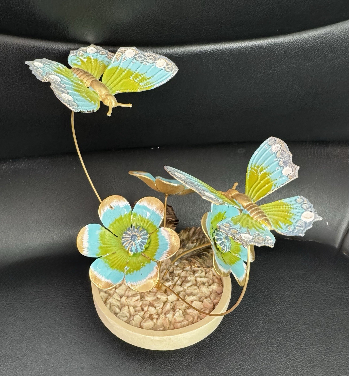 Vintage Gold Toned Decorative Art Piece Painted Enamel blue Butterflies Flowers