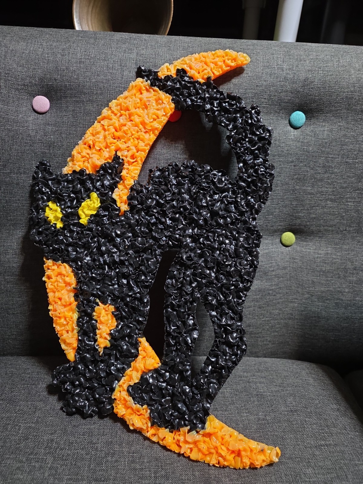 Vtg 70s Melted Plastic Popcorn Halloween Decoration Black Cat on Crescent Moon Vtg 70s Melted Plastic Popcorn Halloween Decoration Black Cat on Crescent Moon
