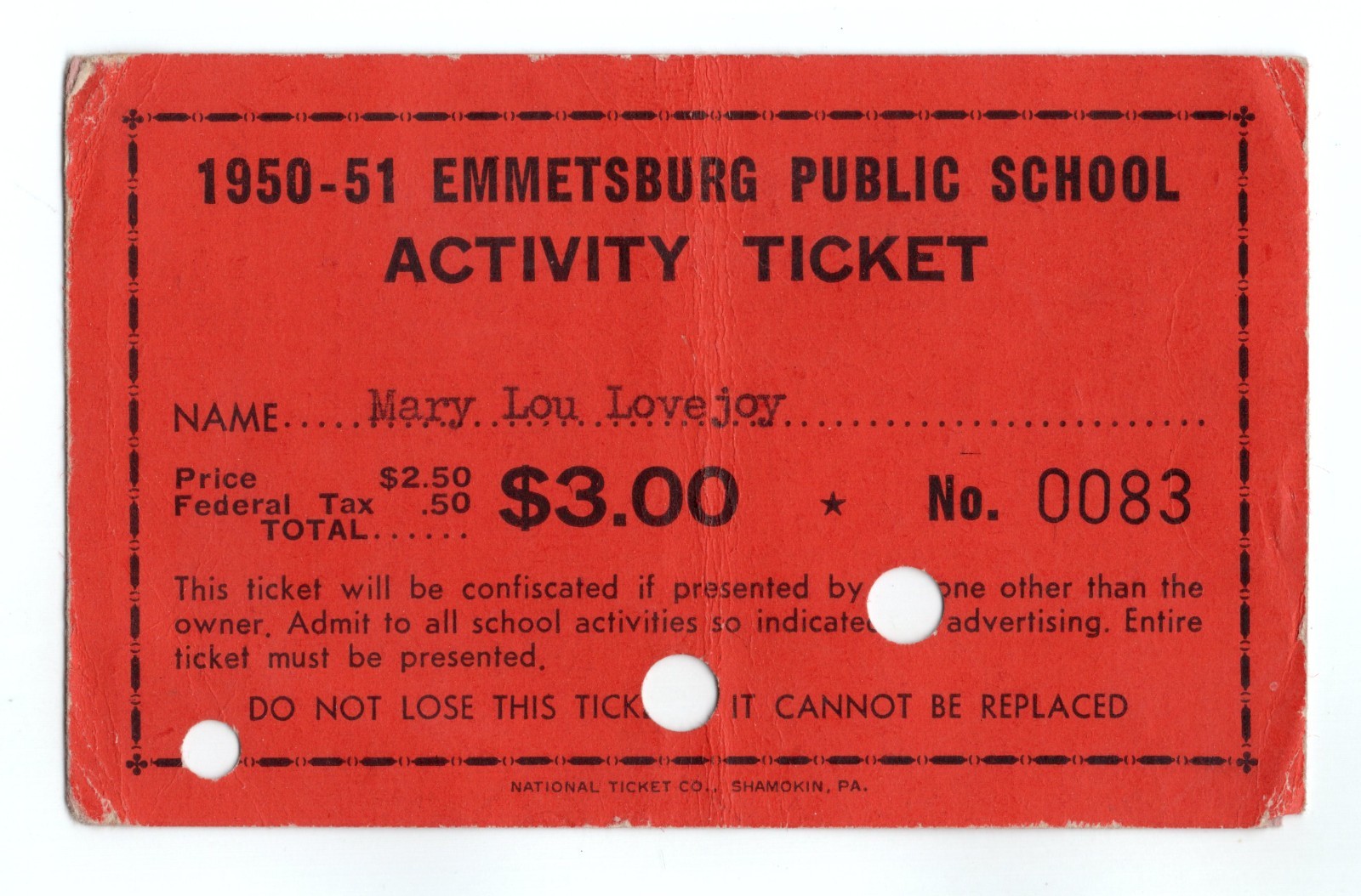 c1950s - Emmetsburg Iowa Public School Activity Ticket - XL5F