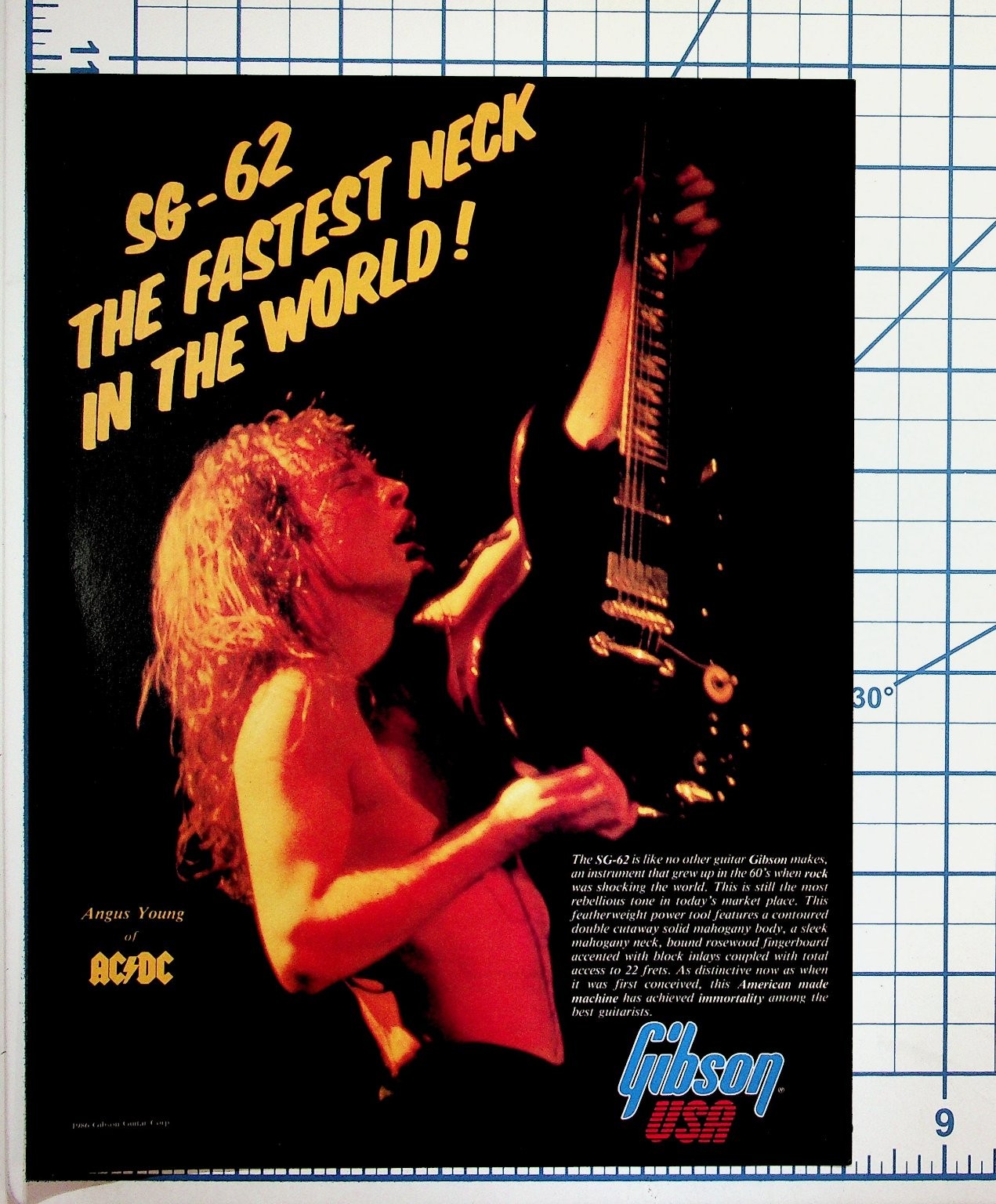 1986 Gibson SG-62 Guitar Ad Angus Young AC/DC The Fastest Neck In The World