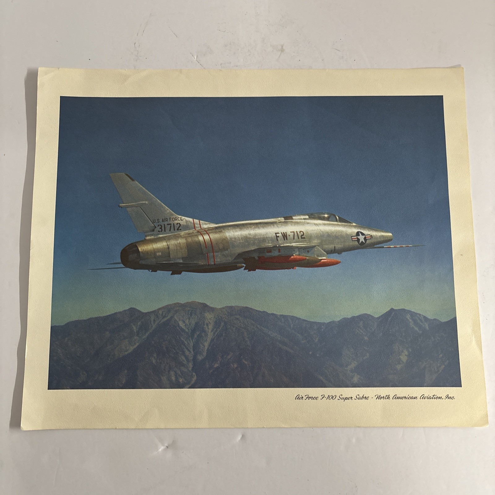 VINTAGE LITHO AIR FORCE F-100 SUPER SABRE - NORTH AMERICAN AVIATION 12\' X 15\