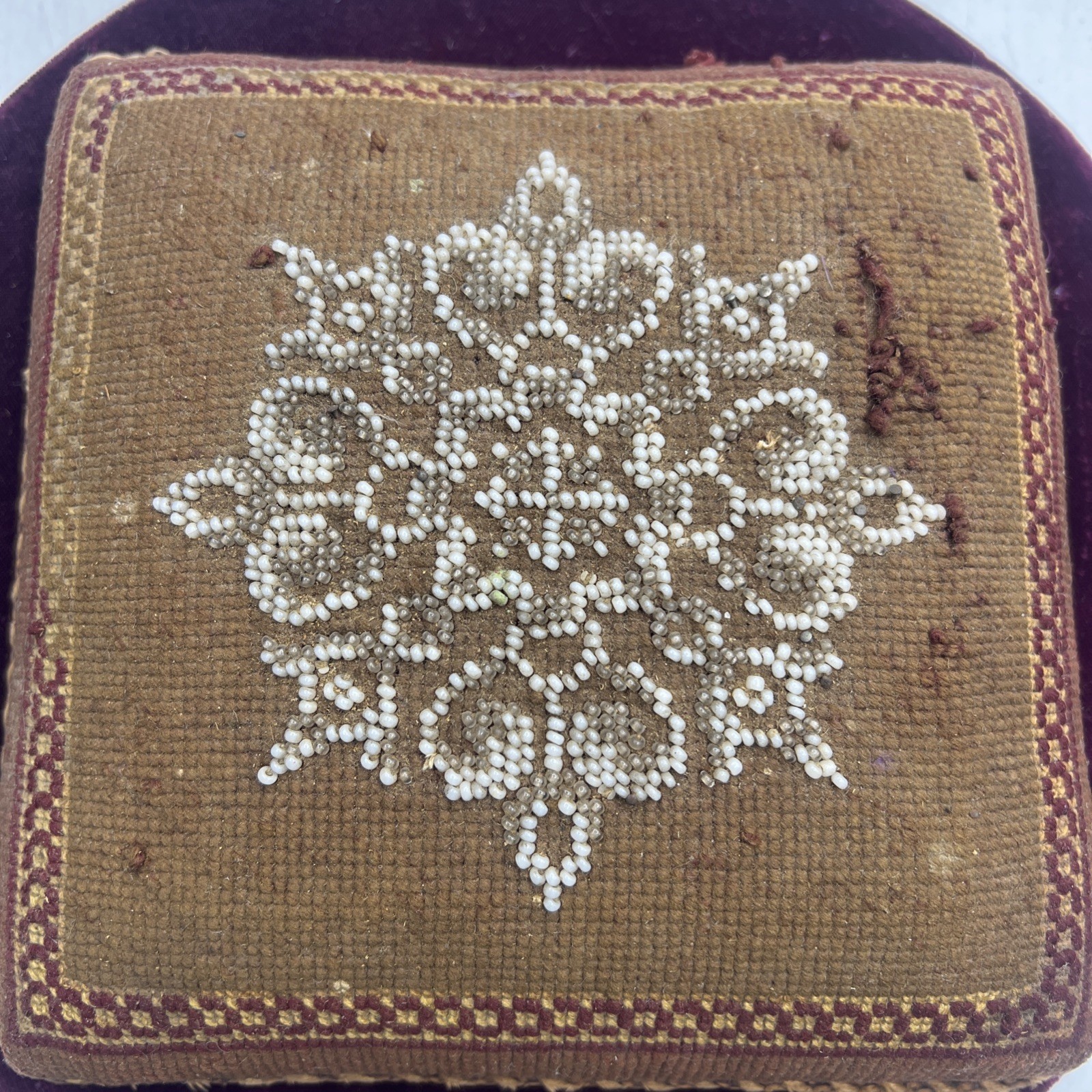 Vintage Antique Pin Cushion Needlepoint Victorian Beaded Wood Back 7”x7” Vintage Antique Pin Cushion Needlepoint Victorian Beaded Wood Back 7”x7”