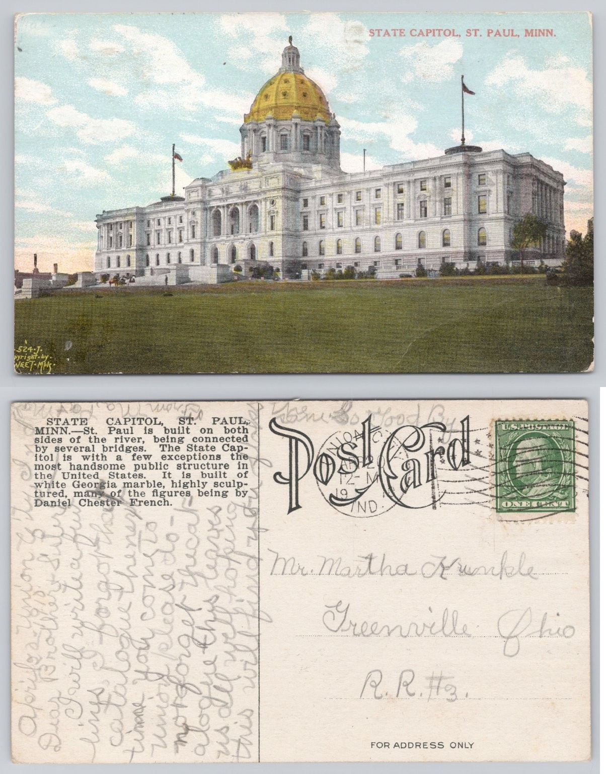 Vintage State Capitol St. Paul Minnesota Postcard 1919 Daniel Chester French