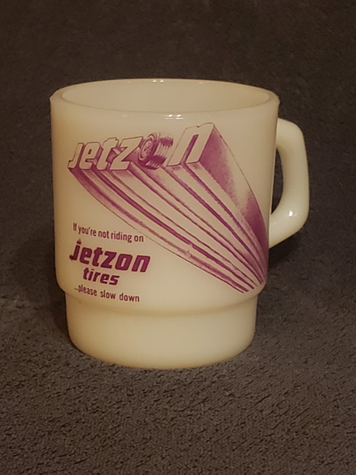 VTG Fire King Advertising Mug Jetzon Tires Purple-RARE FIND