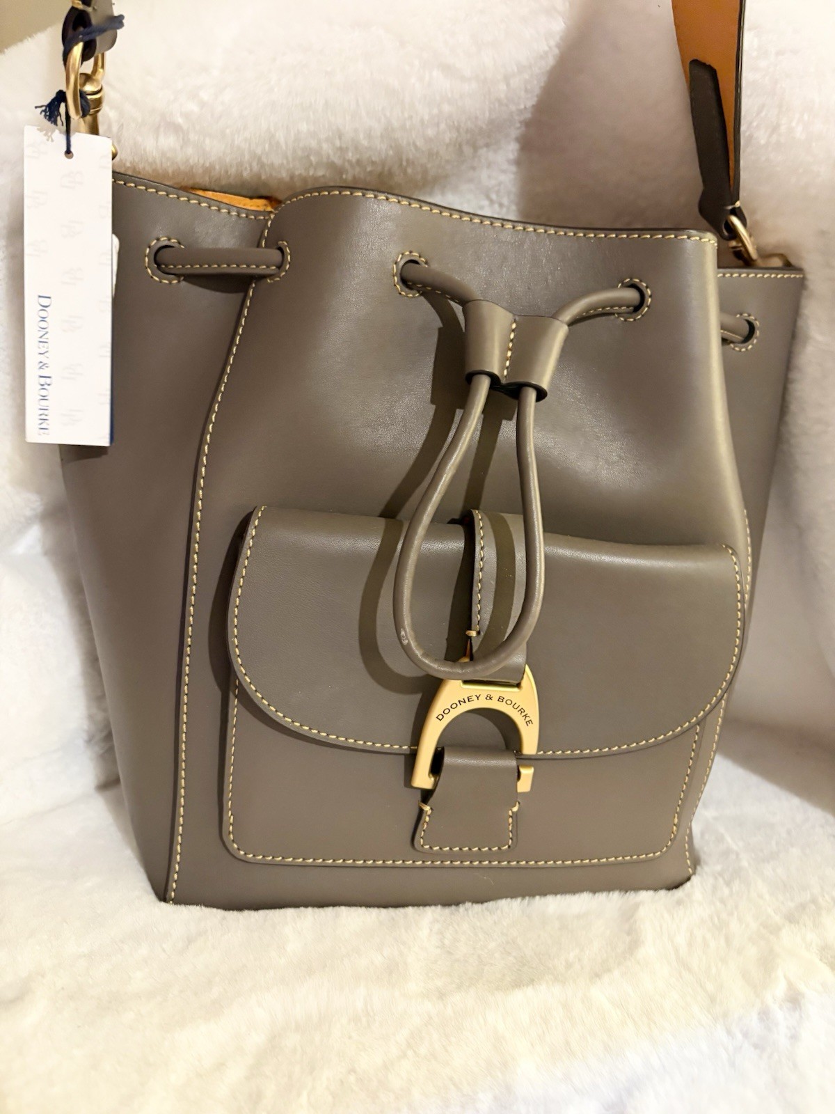 Dooney & Bourke Marlowe Drawstring Emerson Smooth Leather Bucket TAUPE GRAY BAG