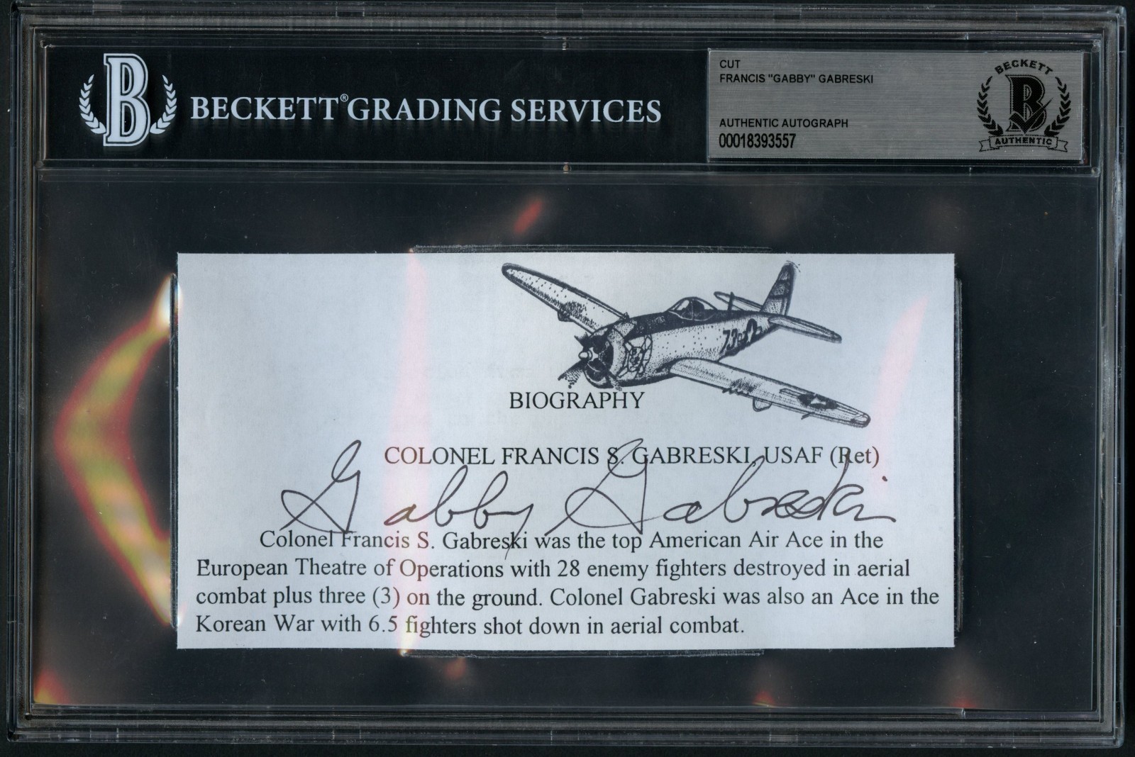 Francis Gabby Gabreski d2002 signed autograph 3x6 Cut WWII Fighter Ace BAS Slab