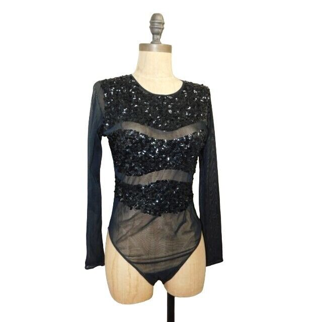 Escada Margaretha Ley Size S Small Black Designer Sequin Bodysuit Elegant Top