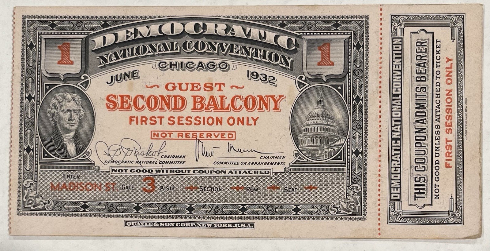 1932 Franklin Roosevelt FDR National Convention Election Delegate Ticket Chicago