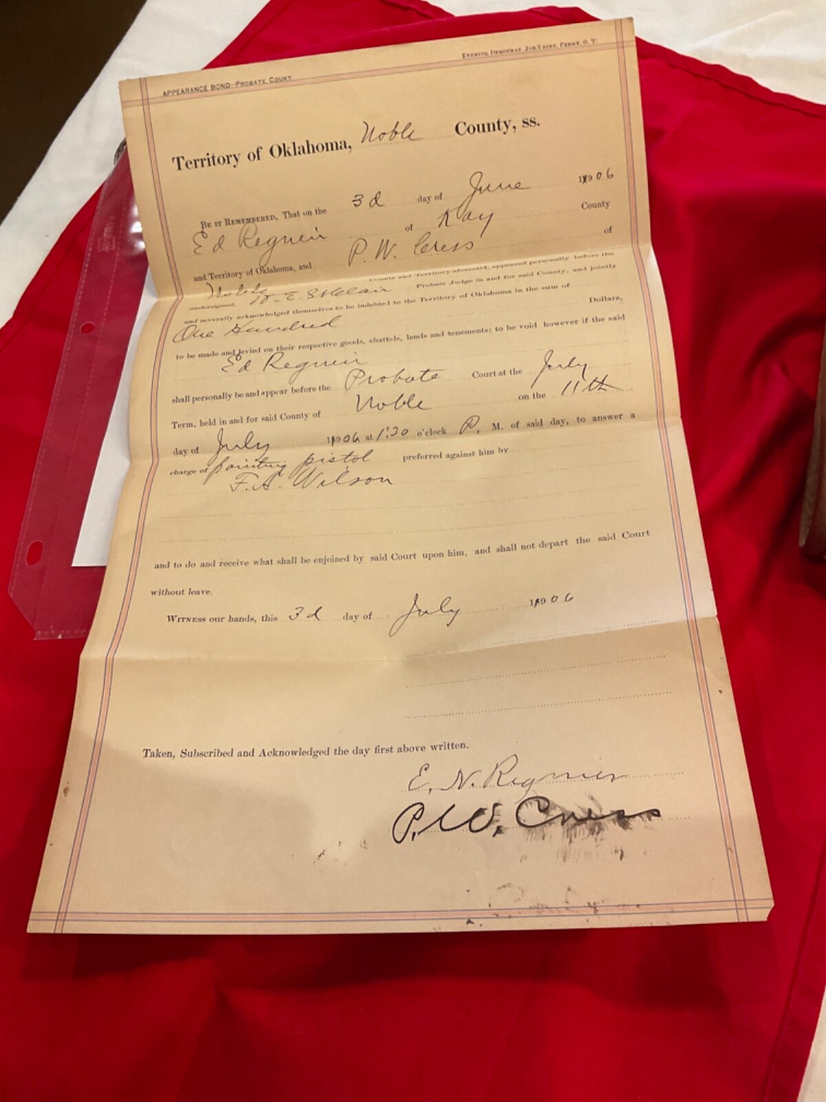 OKLAHOMA TERRITORY ARREST FOR POINTED PISTOL NOBLE COUNTY 1906  OLD WEST SGN