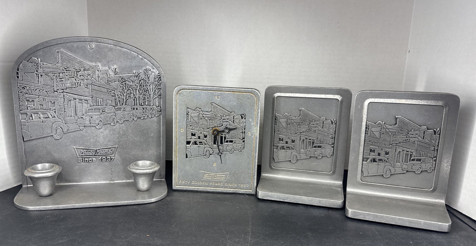 ✨VTG Krispy Kreme Store Fixtures Pewter Clock, Book Ends, Candlestick Holder✨