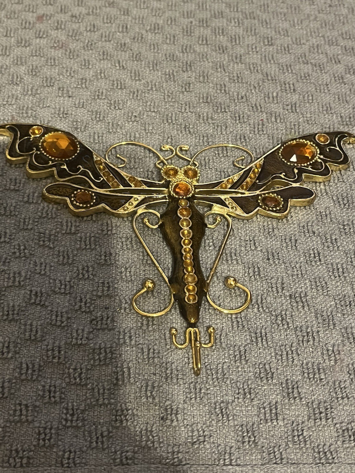 Vintage Art Nouveau Gold Plate DRAGONFLY Enamel w/ Orange Crystals Decor