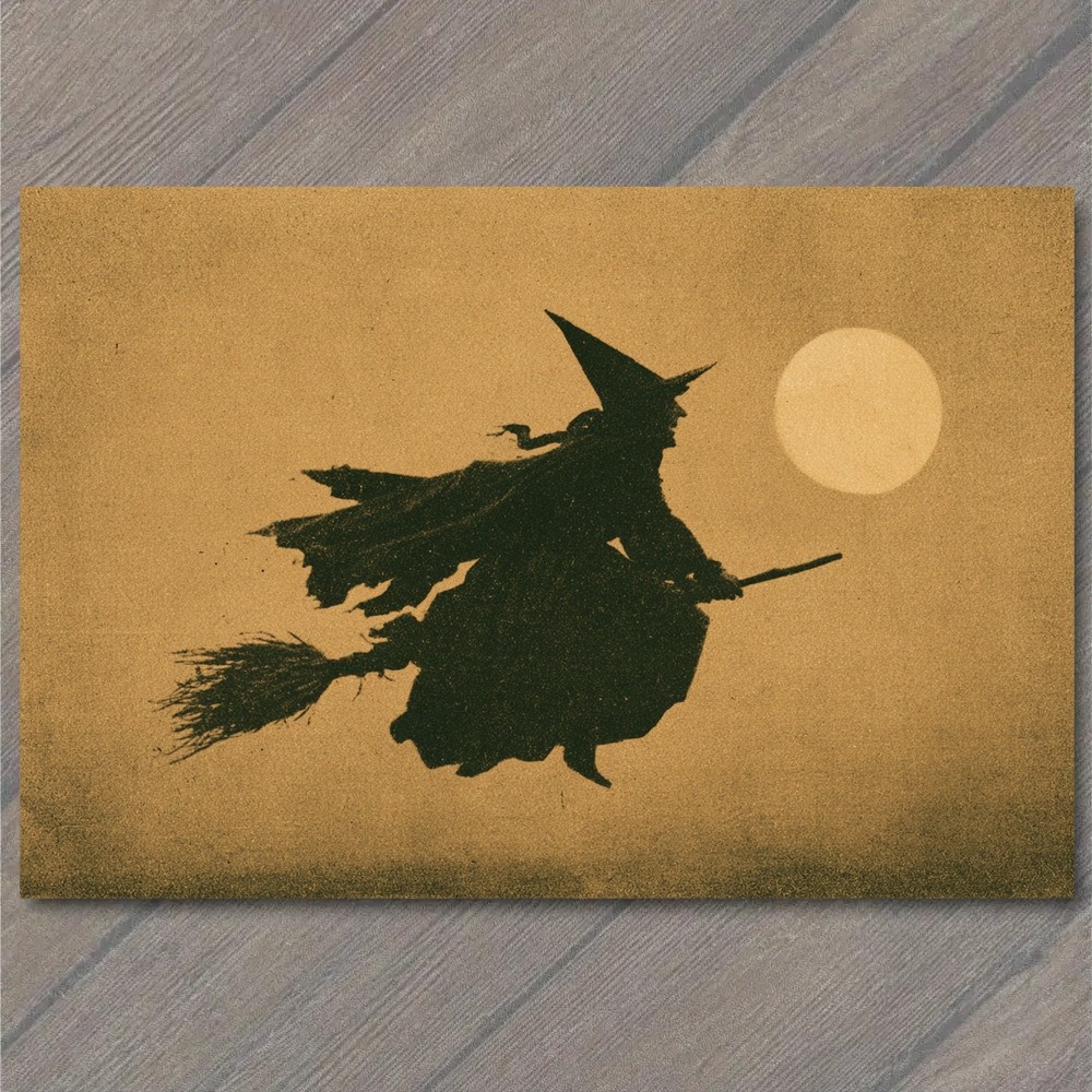 POSTCARD Witch Flying Broomstick Full Moon Silhouette Halloween Spooky Gothic