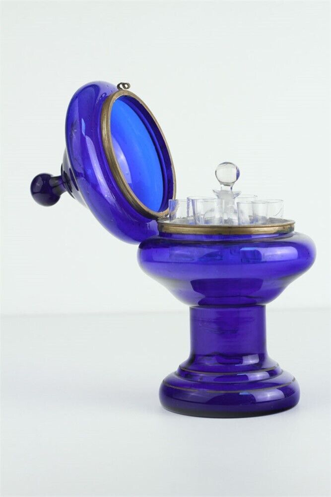 Antique French Cobalt Blue Blown Glass Cordial Set w/ 6 Glasses & Decanter