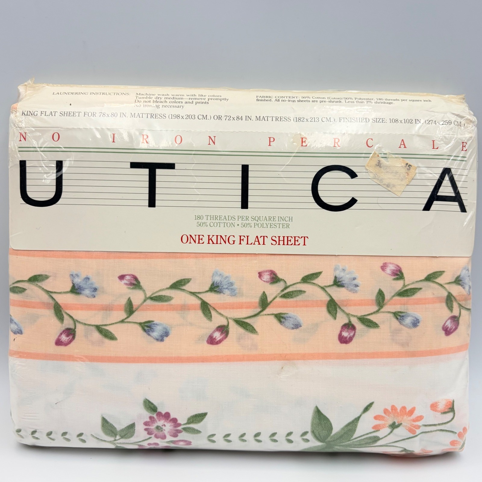 Vintage Utica Garden Trellis King Flat Sheet 1985 Floral Percale Made in USA NEW