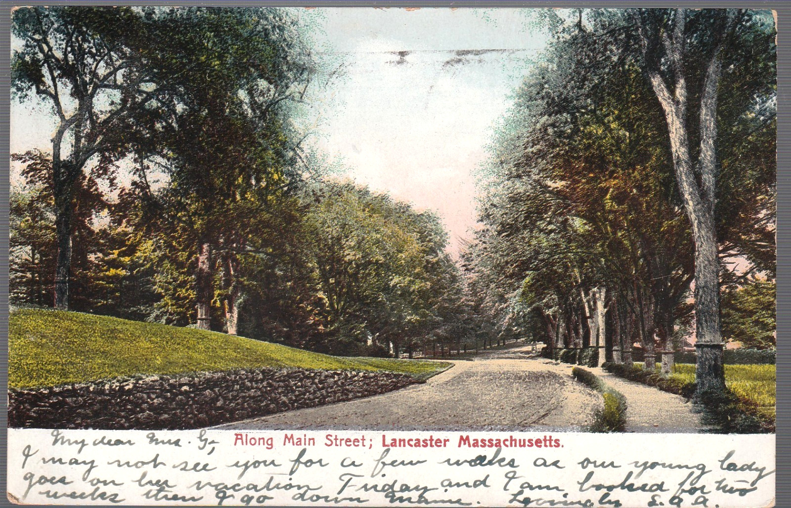 Lancaster MA postcard - Aong Main Street 1908