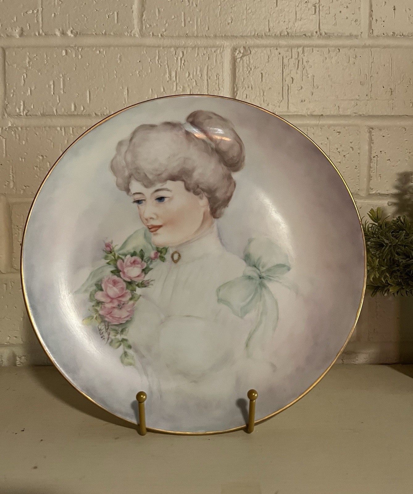 Vintage hand painted Victorian Lady Portrait on Porcelain plate Germany OOAK