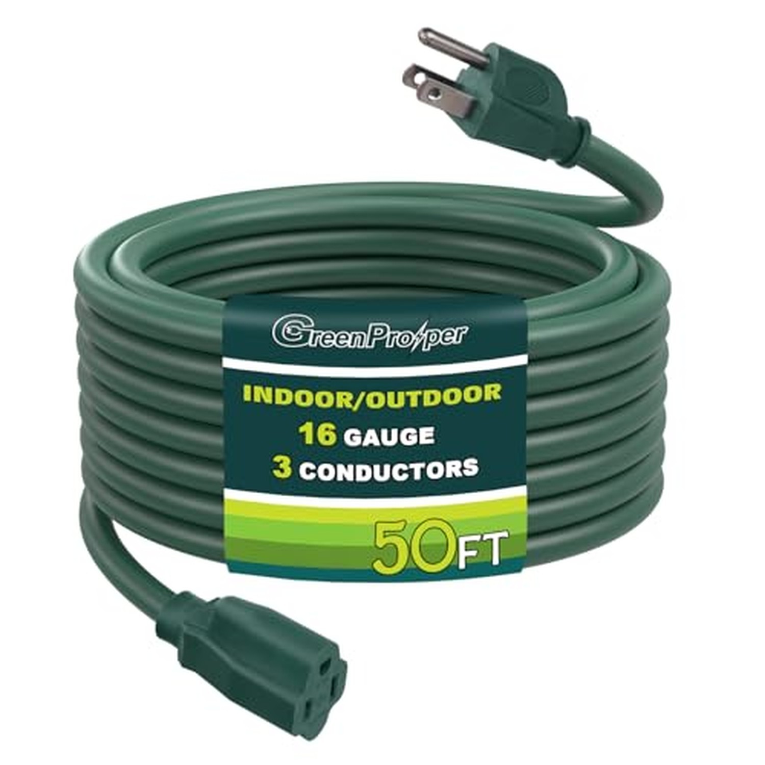 50 Ft Indoor Outdoor Green Extension Cord, 16 Gauge Waterproof Electrical Pow...