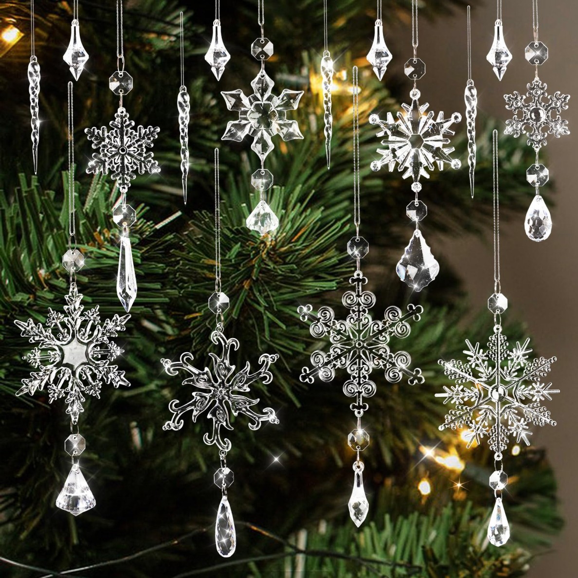 FEBSNOW 16Pcs Crystal Snowflake Ornaments for Christmas Tree Decorations
