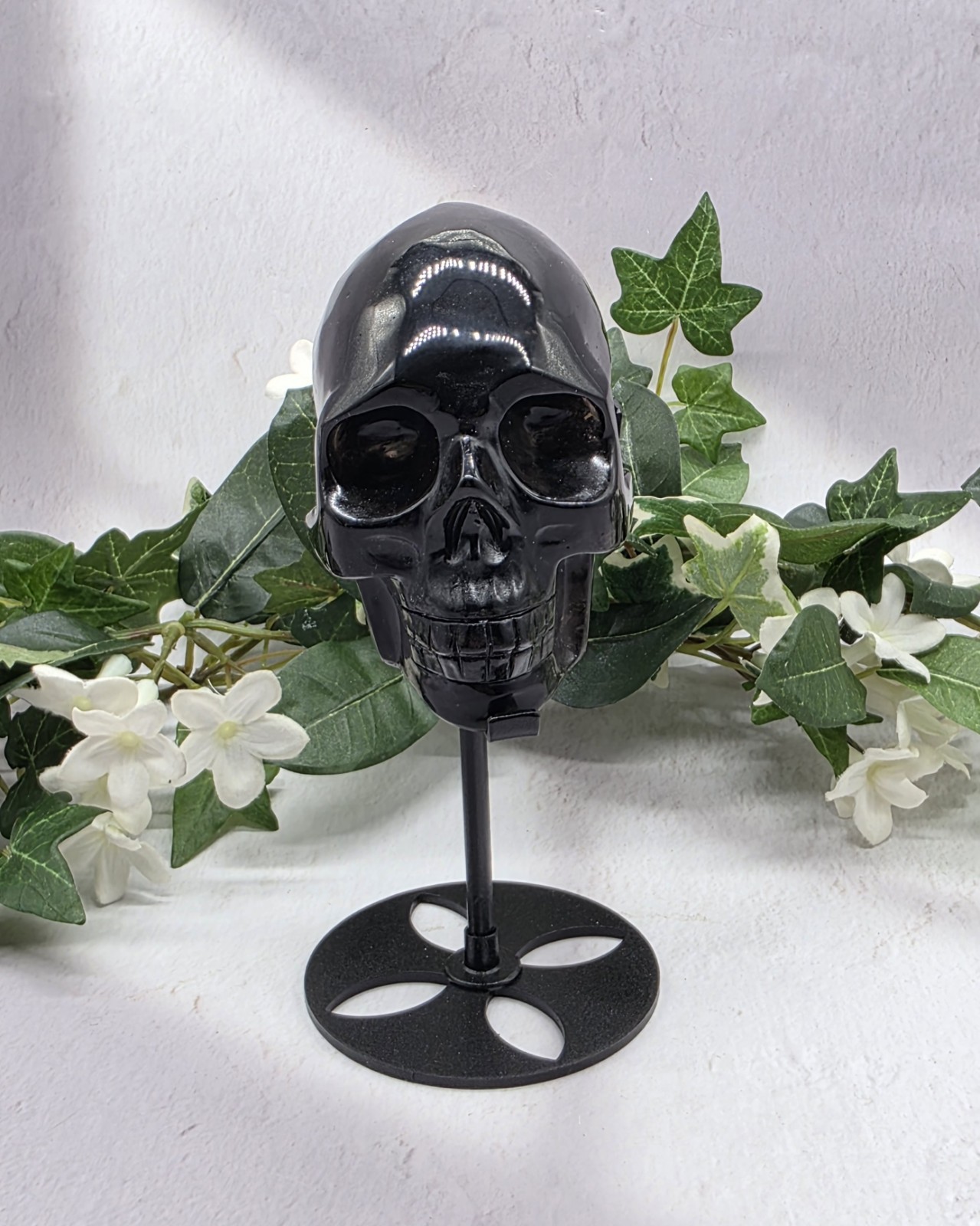 Rustic Dark Smoky Quartz Skull on Metal Stand – Natural Cracks & Matrix