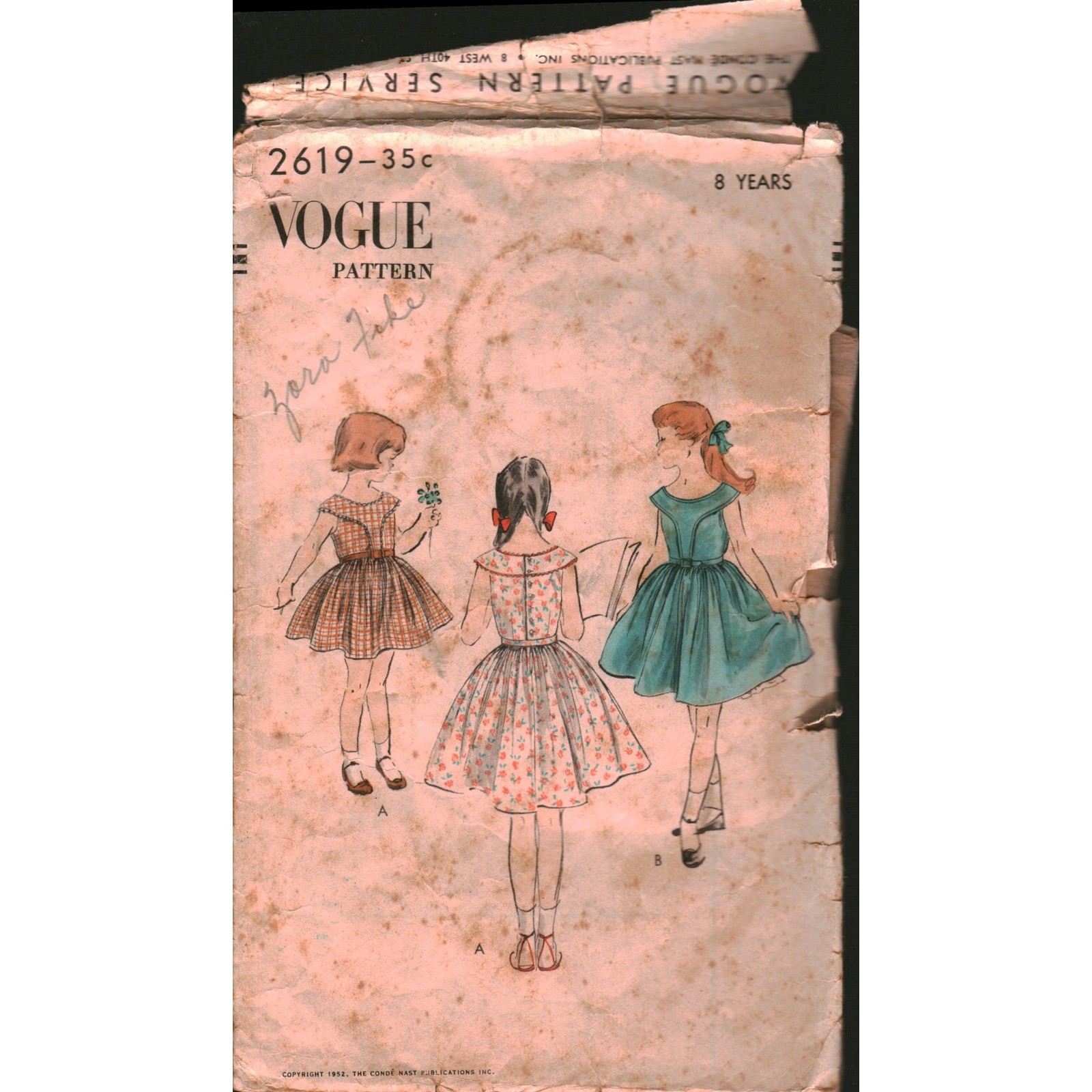 Vintage 1952 Vogue 2619 Girls One Piece Dress Sewing Pattern Size 8 Mid Century Vintage 1952 Vogue 2619 Girls One Piece Dress Sewing Pattern Size 8 Mid Century
