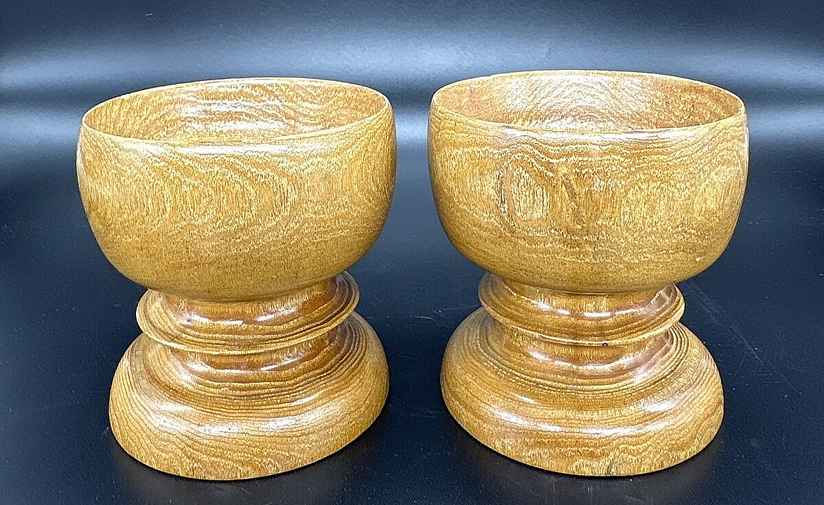 Pair Hand Turned Wood Candle Holders Signed CJW Vintage 3.75\