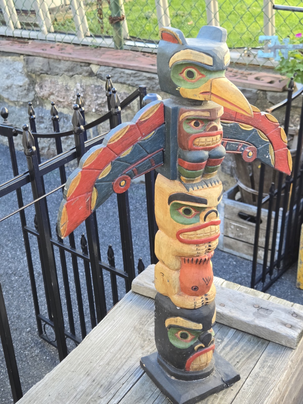 Big Large Vintage 1960s Pacific Northwest Jay Lightfoot Carved Wood Totem Pole