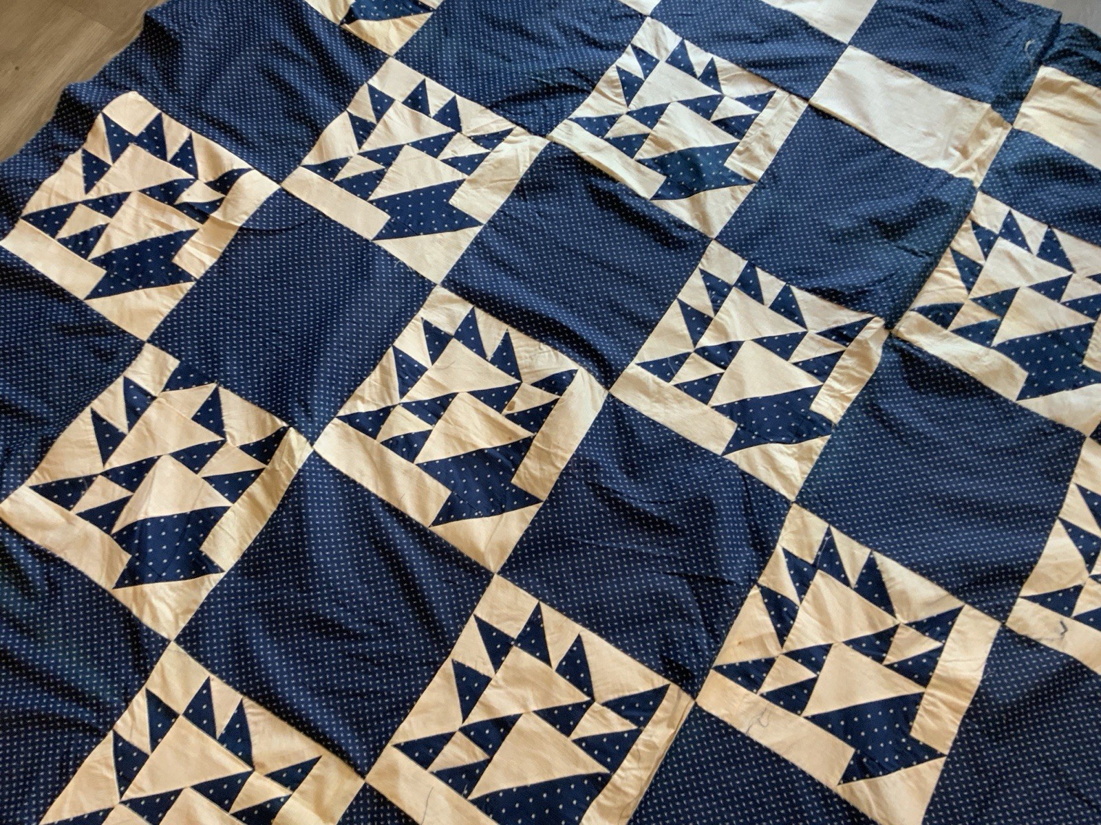 Antique Patchwork Quilt Top, Early 1900’s, Calico Prints, Baskets, Navy Blue