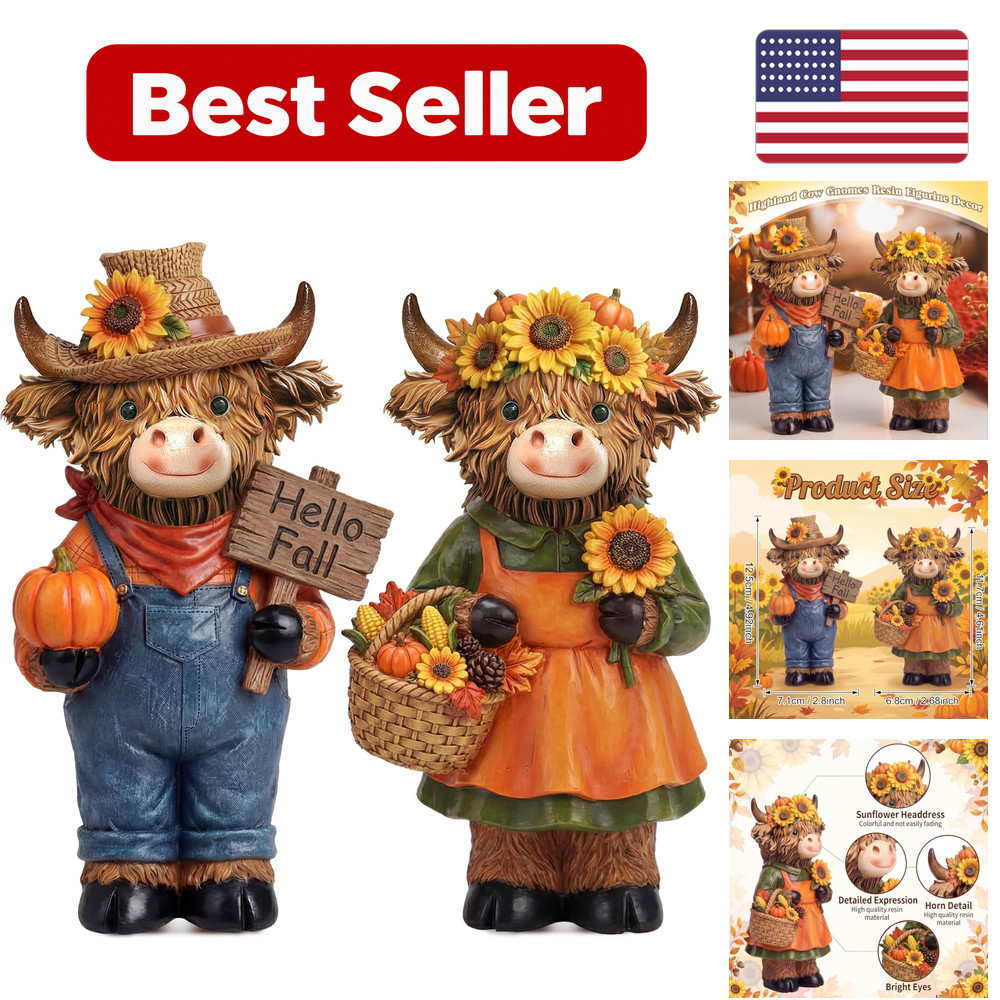 2 pcs Fall Highland Cow Figurines Gifts - Multiple Colors Resin