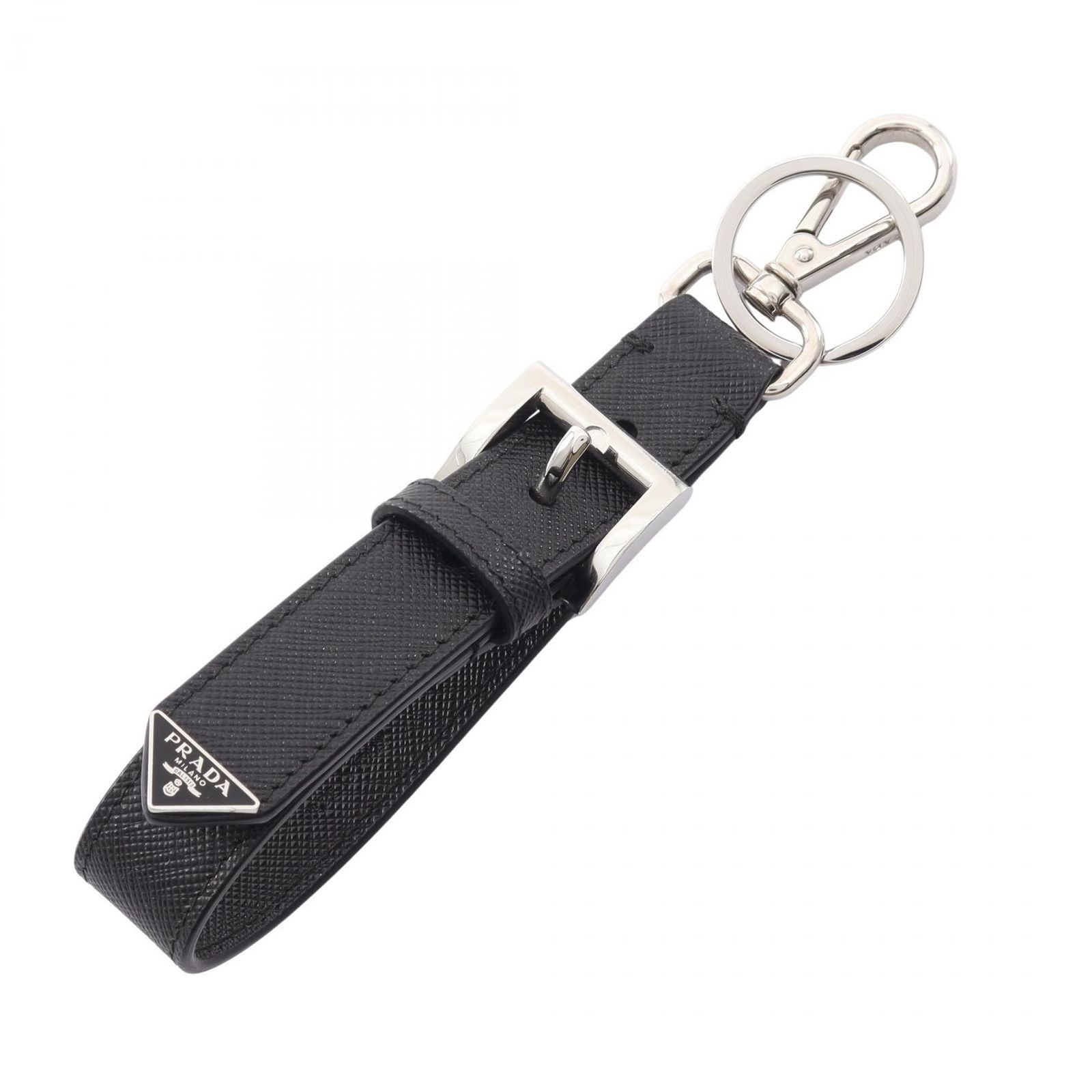 PRADA Key Holder SAFFIANO 2PP186 Black Triangle Logo Keyring Used A