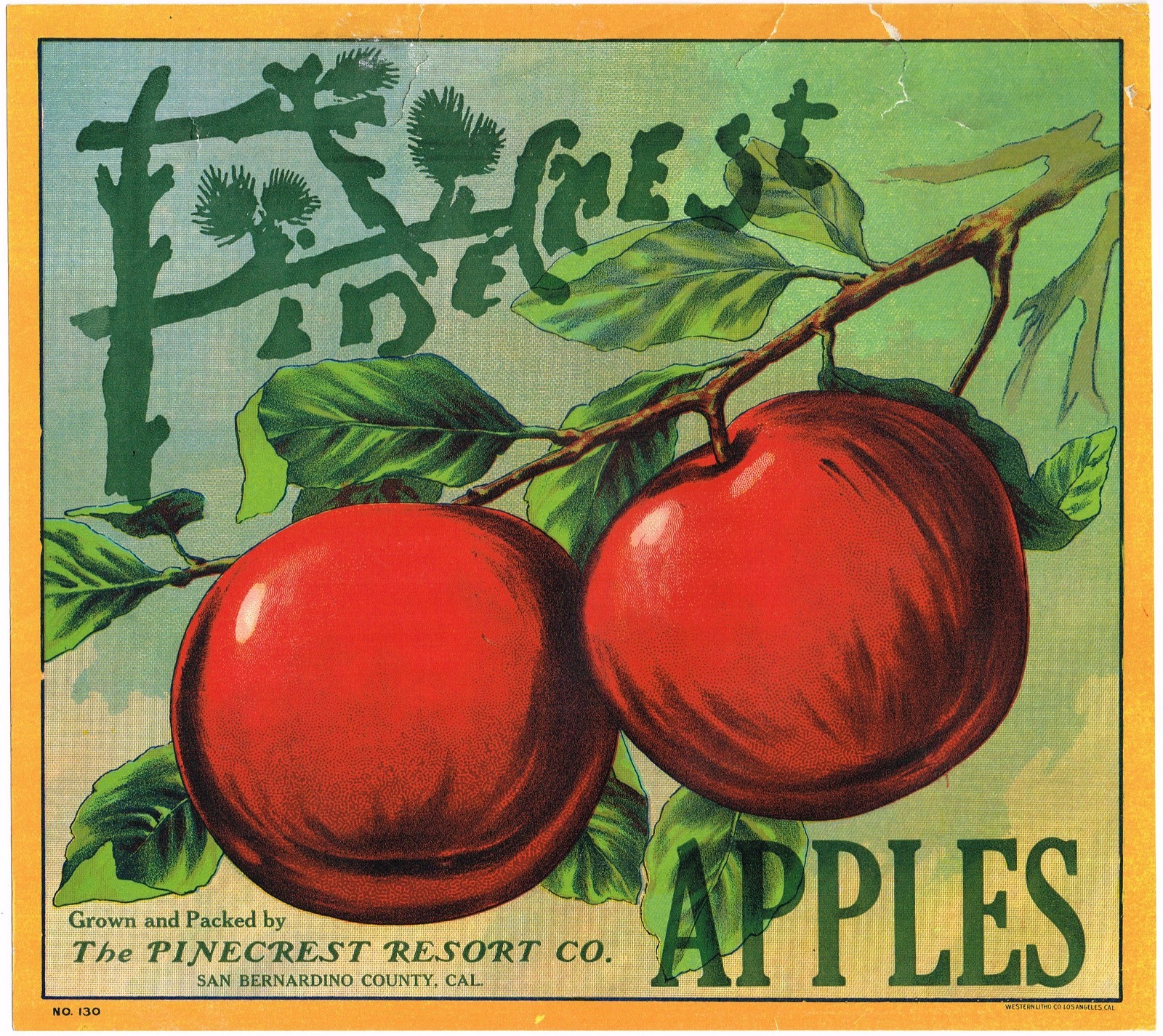 ORIGINAL APPLE CRATE LABEL C1920 RARE SAN BERNARDINO PINECREST RESORT TEARS