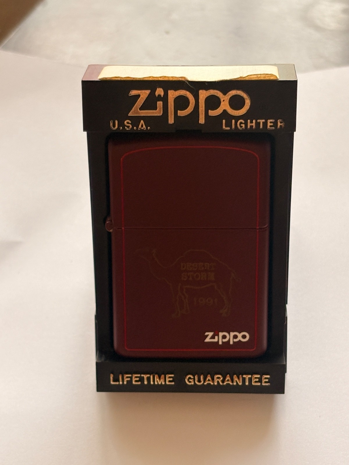  Vintage 1991 Camel Zippo Lighter Desert Storm Maroon Matte Unused MINT Dec 1989